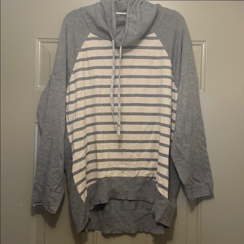 Women’s tunic length cowl neck striped sweater